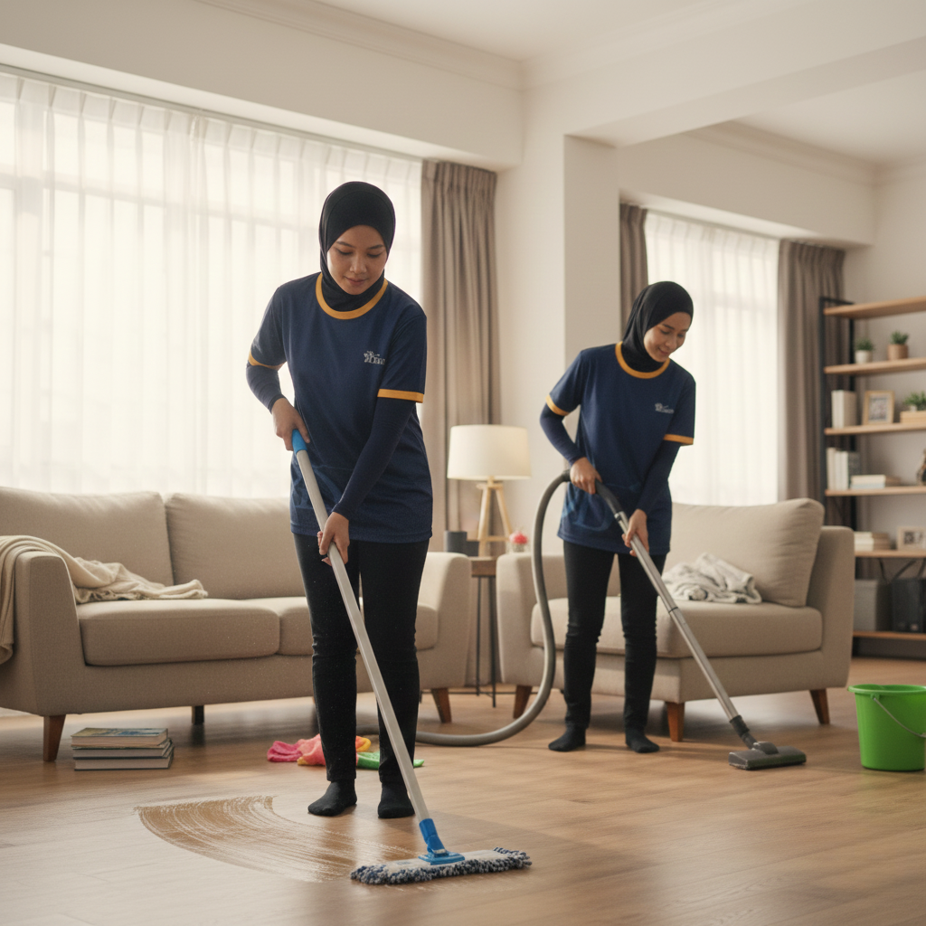 Cleaners tidying a living room